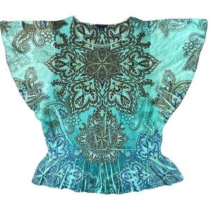 Westbound size small teal green & blue mandala designs batwing style sleeves top